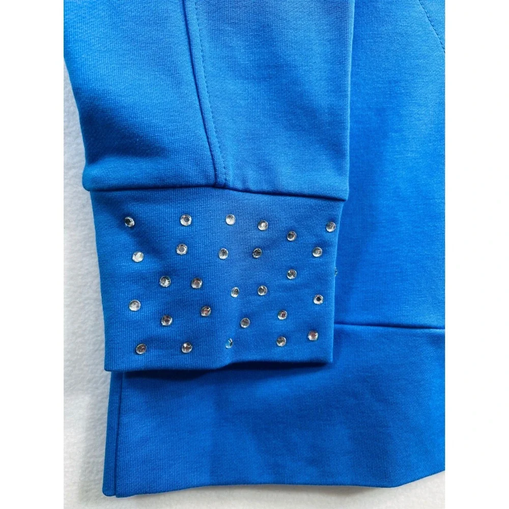 Quacker Factory Royal Blue Rhinestone Zip Up Jacket Mock Neck Sweatshirt XS